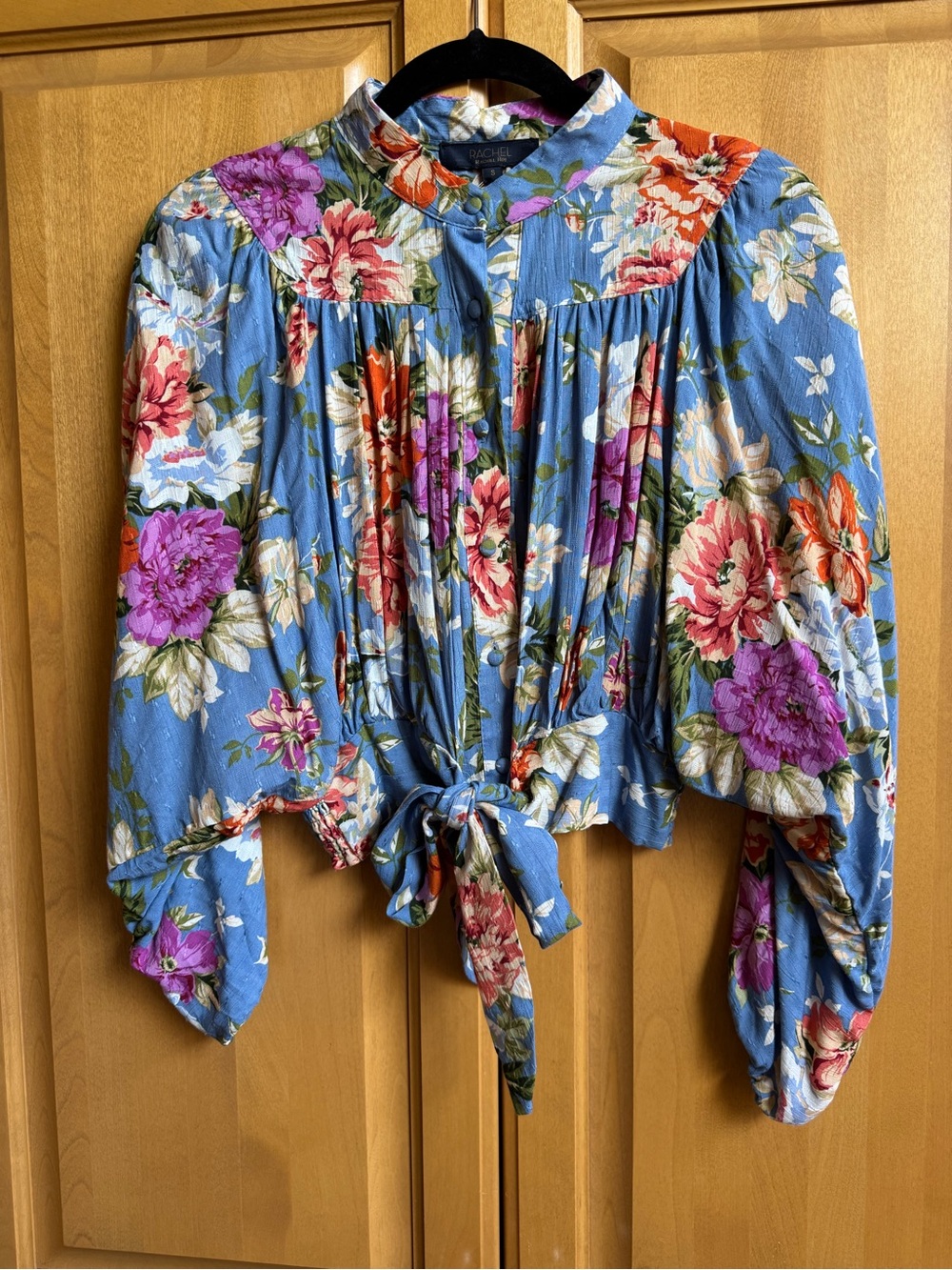 RACHEL Rachel Roy Blue Floral Tie-Front Puff Sleeve Blouse